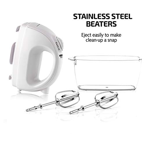 Image of Ovente Portable Electric Hand Mixer 5 Speed Mixing, 150W Powerful Blender for Baking & Cooking with 2 Stainless Steel Chrome Beater Attachments & Snap Clear Case Compact Easy Storage, White HM161W