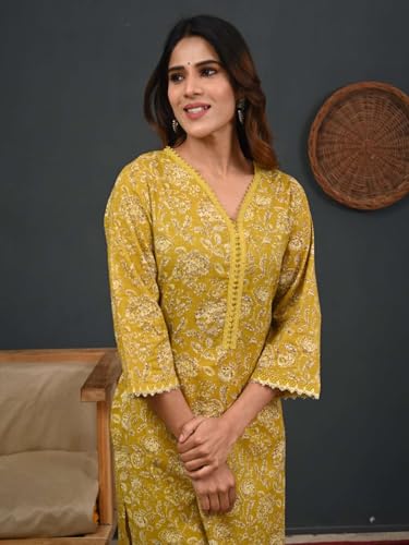 Image of Rimeline Women's Cotton Printed Kurta with Lace Trim Neckline | Straight Fit Ethnic Wear for Office, Casual & Daily Use
