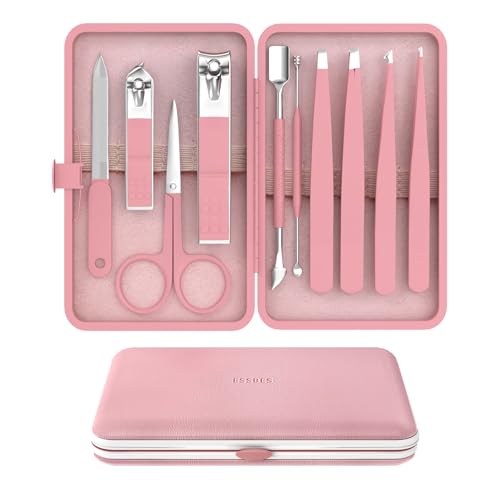 ESSBES Manicureset 10-in-1 Roestvrijstalen Nagelknipper Schaar Pincet Verzorgingsset met Reisetui (Puur Roze)