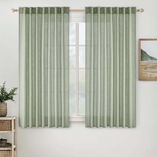 MIULEE Sage Linen Curtains 63 Inch Length 2 Panels for Bedroom Living Room,Green Soft Thick Linen Textured Kitchen Window Drapes Semi Sheer Light Filtering Back Tab Rod Pocket Burlap Look Decor