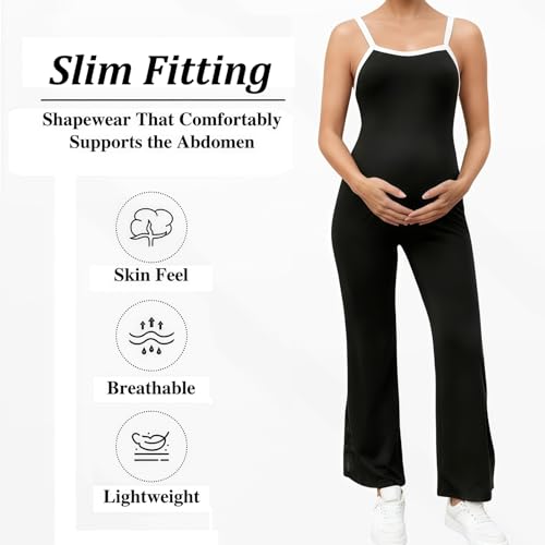 MANJIAMEI Ärmelloser Umstands Jumpsuit Schwarz Camisole Yoga-Jumpsuit Nahtlose Body mit Weitem Bein U-Ausschnitt Lang Sport-Overall Schmale Passform Freizeit Workout Freizeitkleidung L