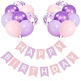 Decoration Anniversaire, Banderole Happy Birthday, Ballons Anniversaire Violet Rose, 16 Pièces 12 Pouces Ballons Rose Métallique Violet et Banderole Joyeux pour Décoration D'anniversaire Fille Femme