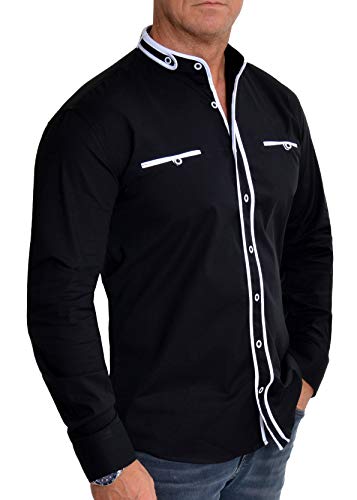 D&R Fashion Camisa de Cuello mandarín Mao para Hombre Manga Larga Algodón elástico Negro 3XL
