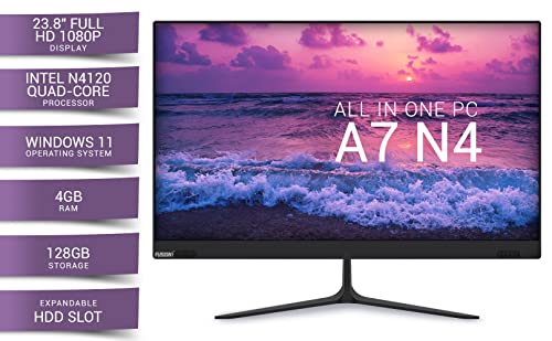 Image of Fusion5 23.8 inch Full HD IPS All-in-One Desktop Computer with Windows 11 - Quad-Core, 4GB RAM, 128GB SSD, Dual-Band WiFi, Expandable HDD - AIO PC with Front Camera, Wireless Keyboard, Mouse
