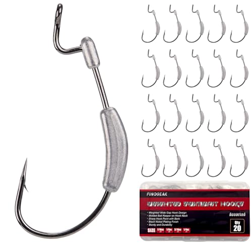 FINOSEAK 20Pcs Weighted Bass Fishing Hooks Set Customized Swimbait Hooks Wide Gap Weedless Worm Fish Hook with Molded Bait Keeper 1/0 2/0 3/0 4/0