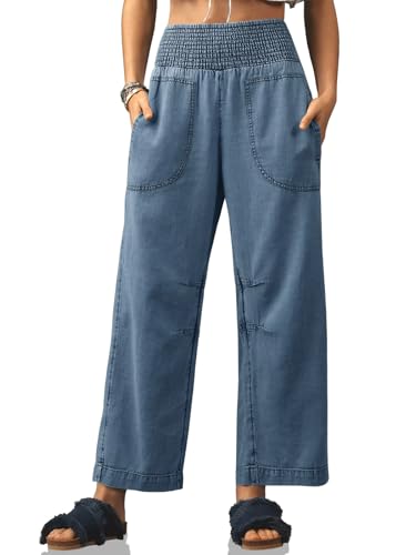 Cicy Bell Womens Smocked Barrel Jeans Casual Trendy High Waisted Baggy Pull On Denim Pants