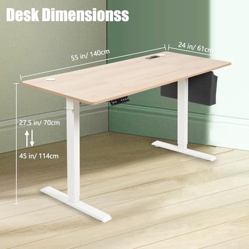 55x24-Inch-Electric-Height-Adjustable-Standing-Desk-with-Cable-Management-Splice-Board-Mouse-Pad-2-Outlet-Power-Strip-with-USB-20W-Charger-and-CastersWhite-FrameLog-Top
