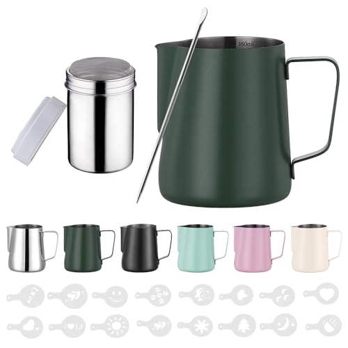 Zuquik 350 ml Stainless Steel Milk Jug, Barista Milk Jug with Measurement Mark 12 oz, Milk Foam Jug with Cocoa Shaker