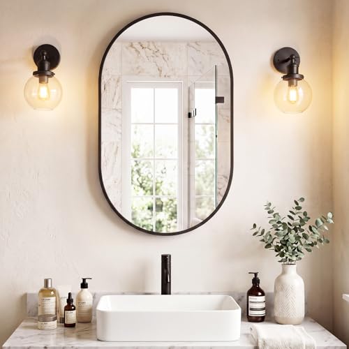 Image of Sweetcrispy 20 inch x 30 inch Black Bathroom Mirror for Wall, Oval Wall Mirror with Metal Frame, Tempered Glass, Modern Vanity Mirror for Over Sink, Living Room, Bedroom, Entryway, Horizontal or Vertical