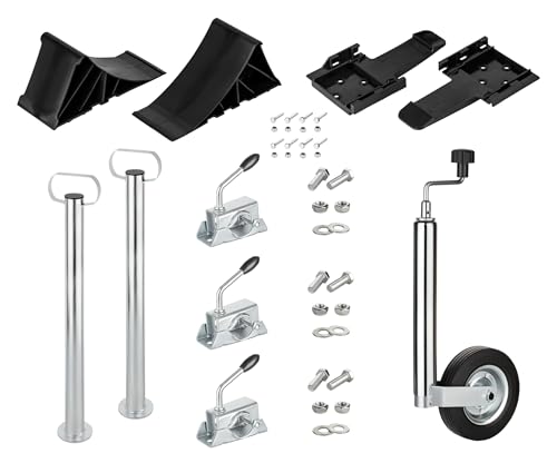 AUTOLIGHT 24 2X Anhängerstützen, 2X Unterlegkeile mit Halterung & höhenverstellbares Stützrad – Verzinkter Stahl, bis 750 kg, inkl. Zubehör Komplettset für Anhänger