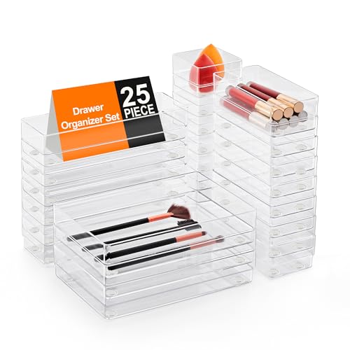 SMARTAKE 25-Piece Drawer Organizer with Non-Slip Silicone Pads, 4-Size Desk Drawer Organizer Trays Storage Tray for Makeup, Jewelries, Utensils in Bedroom Dresser, Office and Kitchen (Clear)