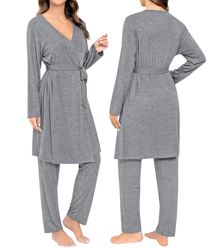 Image of SWOMOG Maternity Nursing Robe Set 3 Piece Breastfeeding Pajamas 3 in 1 Labor Delivery Sleevless Tops&Long Pants Pregnancy Pjs