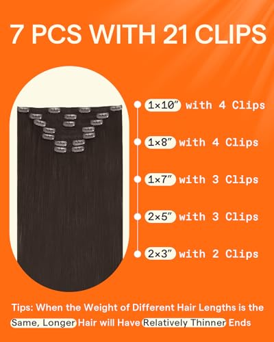 Image of Full Shine Brown Human Hair Clip in Extensions, Dark Brown | Clip in Hair Extensions Real Human Hair, Brunette Hair Extensions for Women, Straight, Smooth Blend, 14 Inch 7 Pcs 120g
