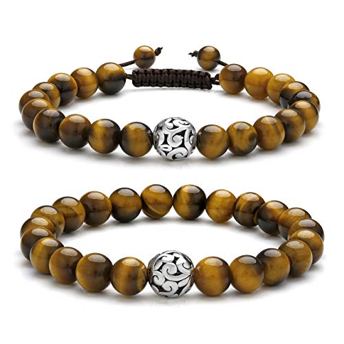Top Plaza 2 Pcs Healing Crystal Yellow Tiger Eye Stone Bead Elastic Stretch Bracelet Adjustable Gemstone Beaded Braided Bracelets Yoga Meditation Reiki Balancing Quartz Jewelry For Womens Mens Couples