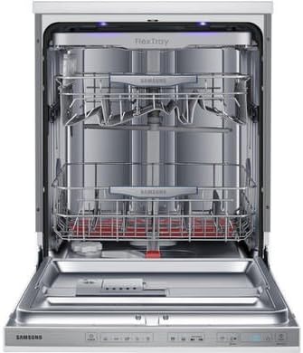 Interior view of the Samsung DW60H9950FW dishwasher with racks fully extended, showing ample space for dishes.