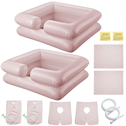 BYOOTIQUE Set of 2 Inflatable Shampoo Bowl Kit Portable Hair Washing Basins with Pillow Water Bag Shower ShBYOOTIQUEl Mat for Elderly Disabled Pregnant Women Pink