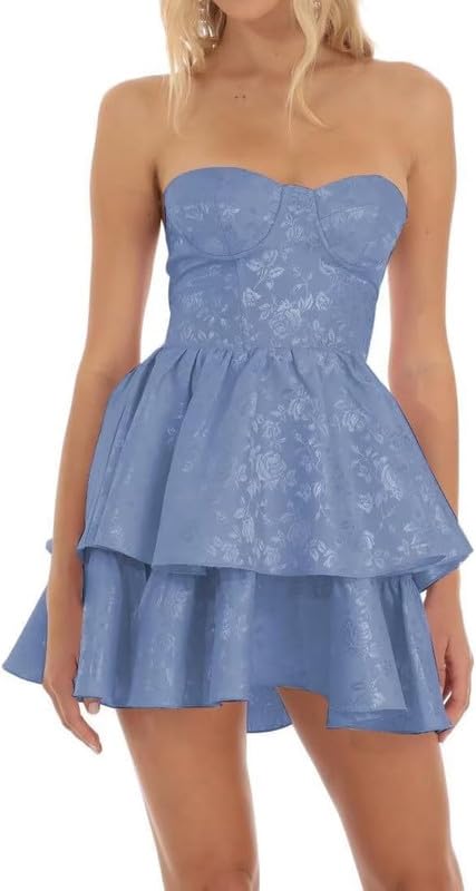 Women's Satin Jacquard Homecoming Dresses 2025 for Teen Strapless HOCO Dress Tiered Cocktail Party Gown SFG210