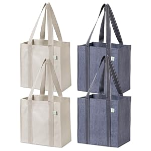 VENO 4 Pack Reusable Grocery Bags and Shopping Bags with Handles and Hard Bottom with Compact Convenience Size. Foldable, Durable, Heavy Duty Utility Tote- Perfect for Shopping Cart (Assorted, 4 Pack)