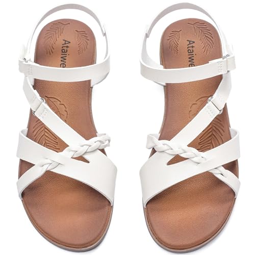 Image of Ataiwee Women's Flat Slide Sandals - Comfortable Open Toe Design,Casual Slip-On with Ankle Strap,Hook-and-Loop Closure Summer Sandals.