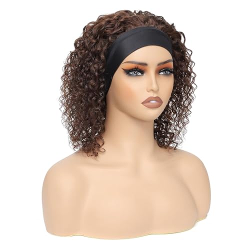 Image of XSY Chocolate Brown 4# Headband Wig Human Hair for Black Women Kinky Curly Glueless Brazilian Hair Machine Made None Lace Front Wigs 150% Density Headband Wig Half Wigs 150% Density (24inch)