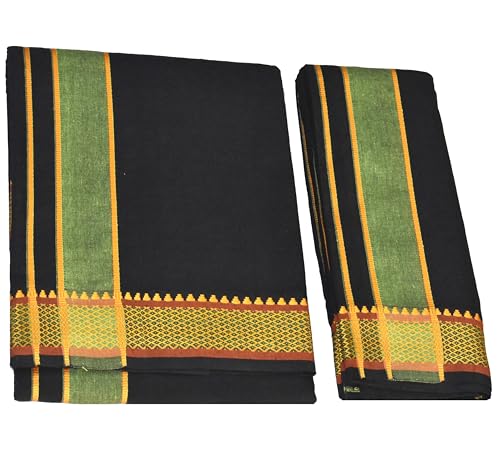 Image of TUNI MANI Men's Panchakacham Dhoti with Angavasthram with Zari Border, Cotton, Size: 9 X 5 (4.0mtr Dhoti, 2.25mtr Towel)