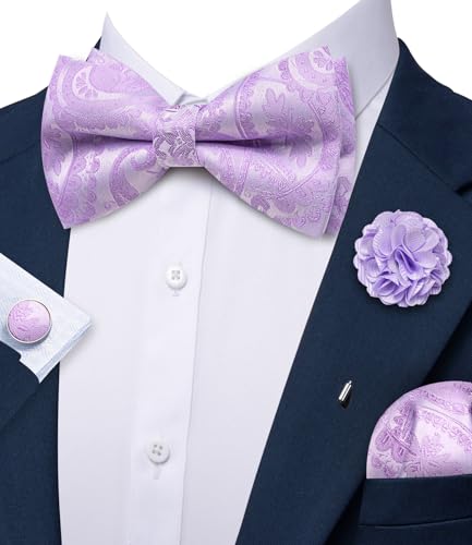 Image of YOHOWA Mens Bow Tie Set Paisley Coloful Pre-tied Bowties Adjustable with Handkerchief Cufflinks Wedding Prom Party
