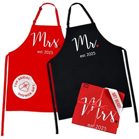 Prazoli Products Mr Mrs Apron Set - Engagement Gifts, Wedding & Bridal Shower Gifts for Couple (Mr. & Mrs. Est: 2025 - Red, Standard) Cover