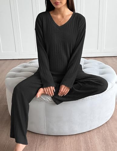Ekouaer Lounge Sets for Women Long Sleeve Knit Ribbed Pajama Sets 2 Piece Casual Loungewear with Pockets4