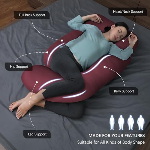 Image of MOON PARK Pregnancy Pillows for Sleeping - U Shaped Full Body Maternity Pillow with Removable Cover - Support for Back, Legs, Belly, Hips - 57 Inch - Burgundy - Cooling Cover