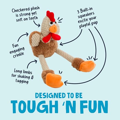 Image of goDog Checkers Skinny Rooster Tough Plush Toy with Chew Guard Technology, Durable Checkered Fabric & Squeaker for Active Play, Brown, Large