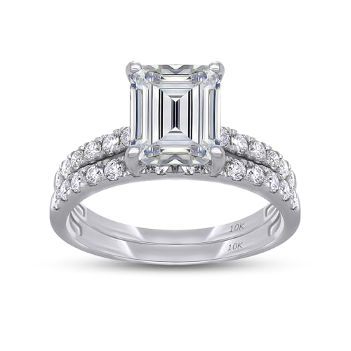 SAVEARTH DIAMONDS Emerald & Round Lab Created Moissanite Diamond Solitaire Bridal Set Wedding Ring In 10K Or 14K Solid Gold (VVS1 Clarity, 2.33 Cttw)
