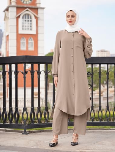 Elegant Khaki Plus Size Muslim Dress Set - ODIZLI 2-Piece Kaftan Abaya with Pants for Eid and Everyday Wear - Image 5