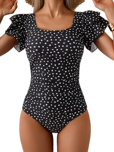 Image of Eomenie Women's Tummy Control One Piece Swimsuit Ruffle Square Neck Bathing Suit Ruched Cutout Back Slimming Swimwear