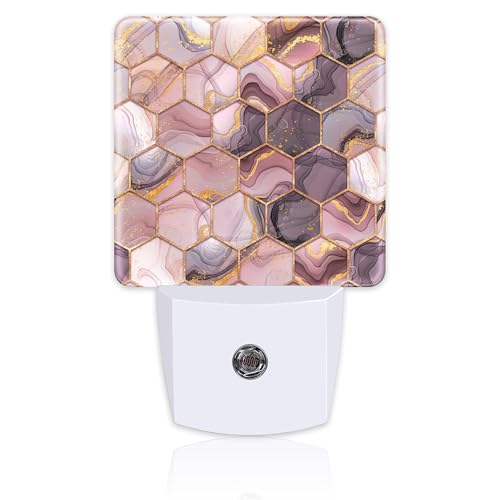 Image of Pink Golden Ink Hexagon Night Light, Abstract Fluid Marble Dusk to Dawn Night Light Plug in,0.5w Energy Saving Sleep Friendly NightLight for Kids Boys Girls Home Decor