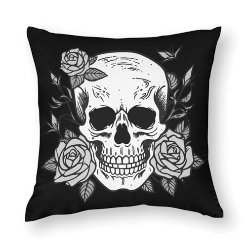 Zhimahou Housses de coussin de 60 x 60 cm, tête de mort embrassée par des fleurs et des feuilles noires, coussins de chaise, coussins de canapé, taies...