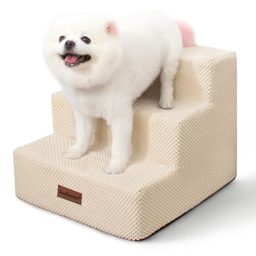Dog Stairs for Small Dogs & Cats, 3-Step Non-Slip Pet Steps for Couch Sofa and Chair, Beige, 13.6" H