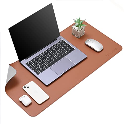 Image of AROPANA Vegan Leather Desk Mat | Large Reversible Mouse Pad & Computer Table Protector | Dual-Side Waterproof Extended Laptop Pad with Edge-Stitched Design (70x35CM, Brown and Grey)