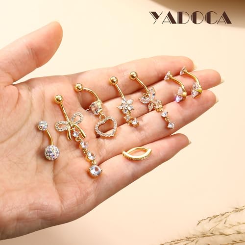 YADOCA 316L Surgical Steel Gold Dangle Belly Button Ring for Women Silver Dangly Belly Rings 14G Hypoallergenic Navel Belly Button Piercing Jewelry Bow Heart 10mm/12mm Barbell Length 6