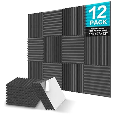 JBER 12 Pack Sound Proof Foam Panels, 1" X 12" X 12" Self-Adhesive Acoustic Foam Panels, Acoustic Panels Wedges High Density, Soundproof Wall Panels for Treatment Home Studio - Black