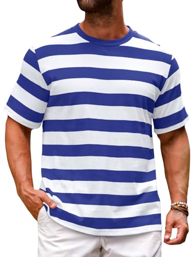 Runcati Mens Short Sleeve T-Shirts Striped Casual Crewneck Basic Shirt Color Block Stretch Summer Beach Tees Blue