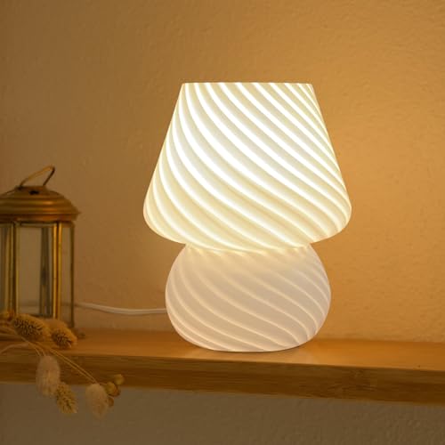 ONEWISH Striped Glass Mushroom Bedside Lamp – Warm White, Corded