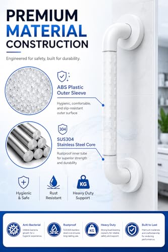 Image of BATH GURU Heavy Duty Grab Bar for Bathroom & Toilet | Anti-Slip ABS Safety Handle for Elderly, Senior Citizens & Disabled with SUS304 Steel Core | Wall Mounted Shower Support Rail (White, 15 Inch)