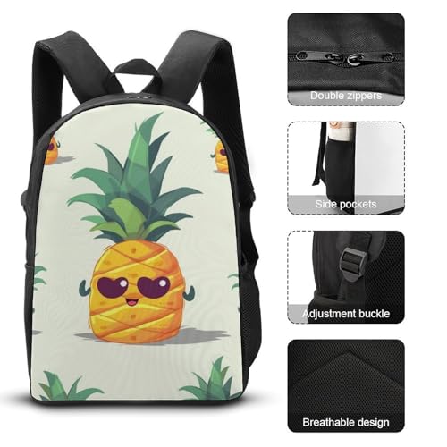 3 Piece Backpack for Women Men Lightweight Causal Daypack Shoulder Bag Set with Insulated Lunch Bag And Pencil Case Organizers Cute Pineapple3