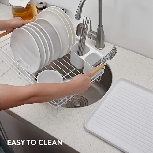 Navaris Dish Drainer Rack - Plate, Cutlery, Pots and Pans Drying Rack for Kitchen with Beechwood Handles - Modern Retro Design Drip Tray - White - Image 5