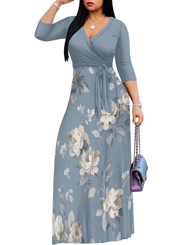 Image of SUZONANA Plus Size Dresses for Women Floral Print Maxi Dress Flowy 3 /4 Sleeve with Belt