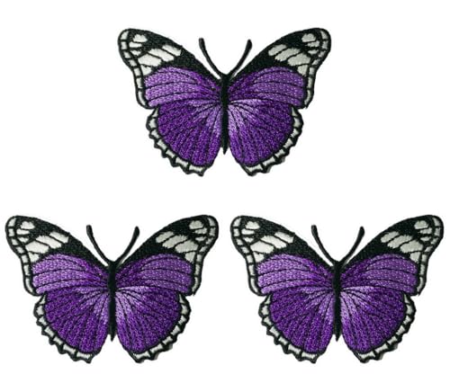 Pack 3 Purple Butterfly Iron On Embroidered Patches Applique for Clothes Jackets Backpacks Hats Jeans DIY Craft for Repair and Decoration