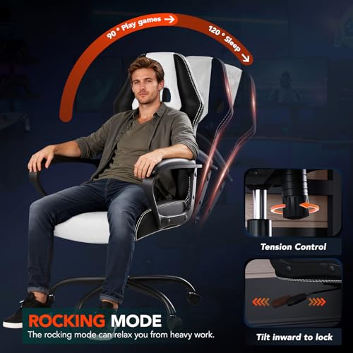 Image of BestOffice Gaming Chair with Massage, Ergonomic Office Desk Chair, Adjustable Lumbar Support & Headrest,Computer Task Chair, 360 Swivel for Adults (White)