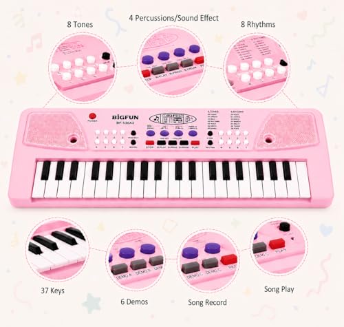Image of Braintastic Kids Piano Keyboard with Microphone, 37 Keys, 8 Rhythms, 8 Tones with 6 in-Built Demos & Song Recording Feature for Boys & Girls (Pink)