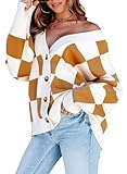 Dokotoo Early Fall Fashion School Outfits for Teachers Winter Clothing for Women V Neck Long Sleeve Plaid Knit Sweater Casual Plaid Chunky Cardigans Sweaters for Women Chocolate Brown Fall Clothes M