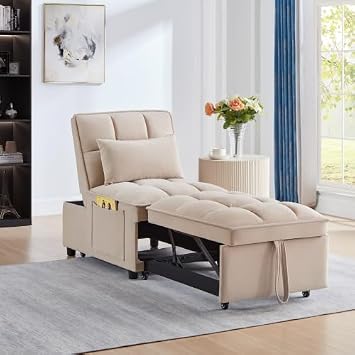 Convertible Sleeper Sofa Bed, 4 in1 Velvet Pull Out Chair Bed with Adjustable Backrest and Pillows, Single Recliner Couches for Small Space,Futon Couch Bed for Living Room Apartment Taupe